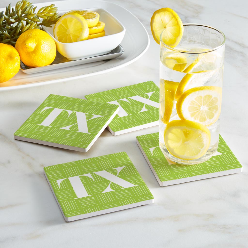 Bright Modern Abbreviated On Green Texas | Absorbent Coasters | Set of 4 | Min 2