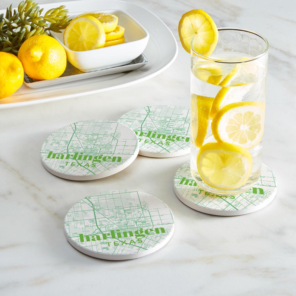 Bright Modern Green Map Texas Harlingen | Absorbent Coasters | Set of 4 | Min 2