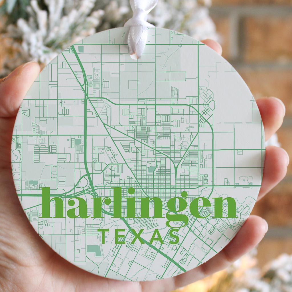 Bright Modern Green Map Texas Harlingen| Wood Ornament | Eaches | Min 6