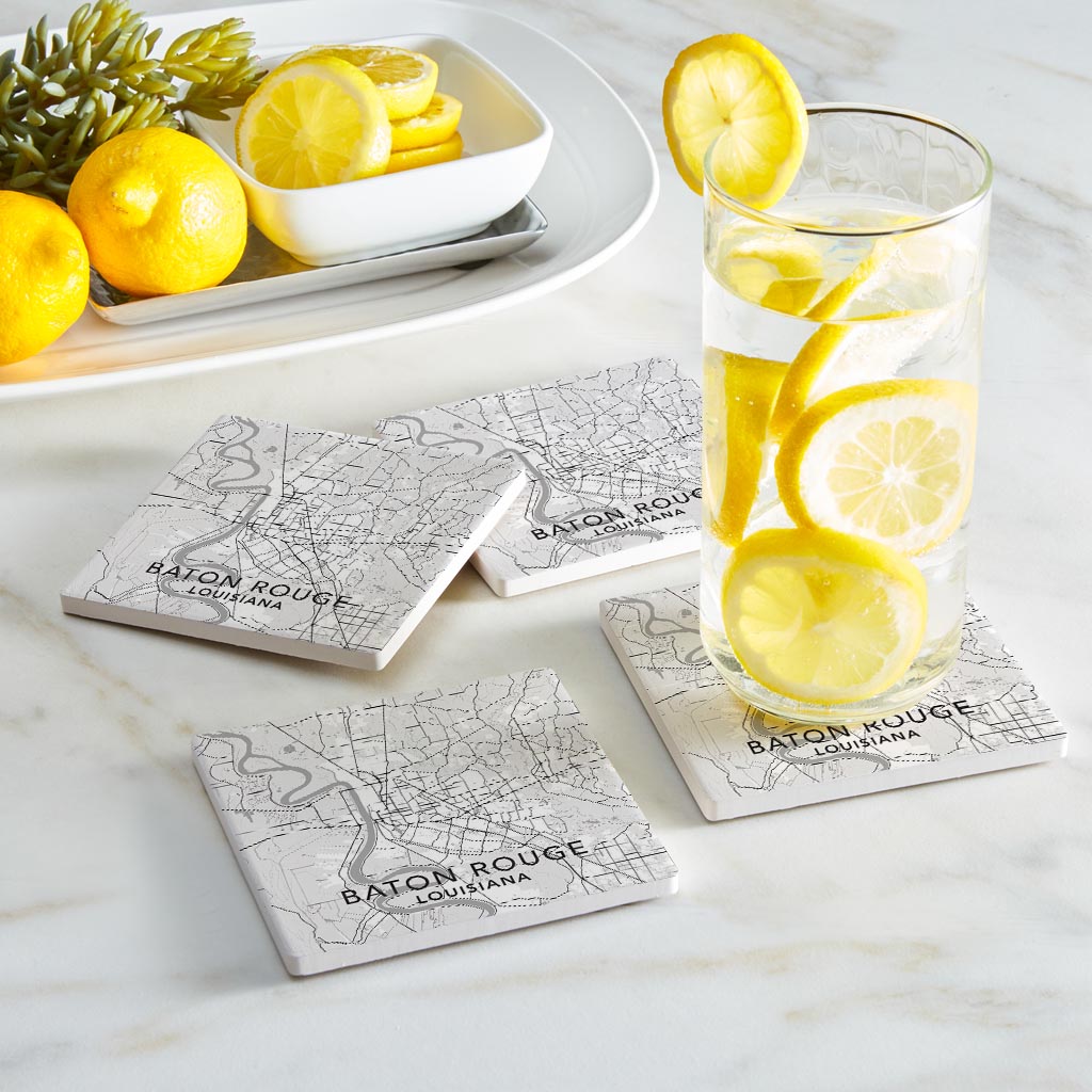 Minimalistic Baton Rouge White Map | Absorbent Coasters | Set of 4 | Min 2