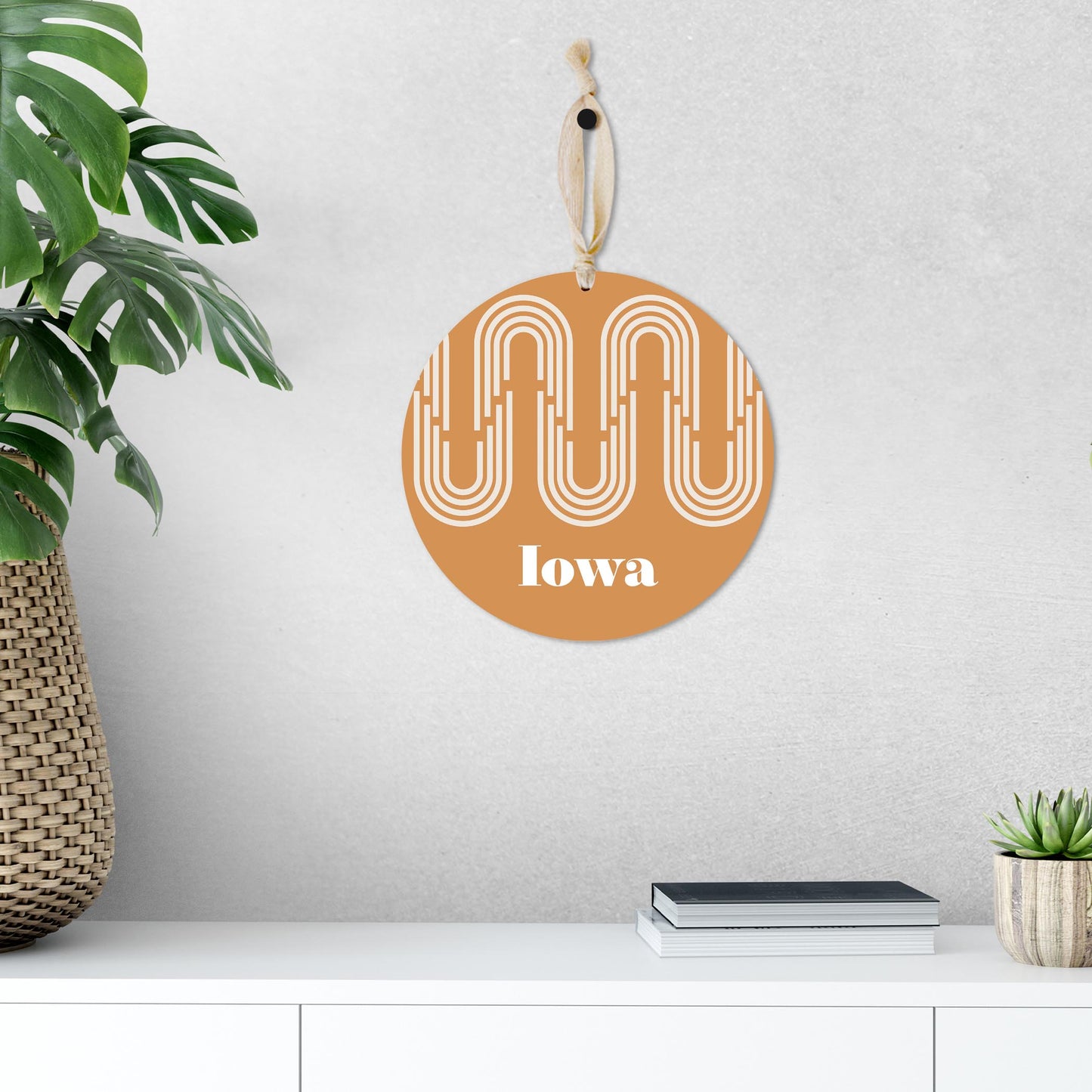 Vintage Groove Yellow Wave Lines Iowa | Wood Ornament | Eaches | Min 1