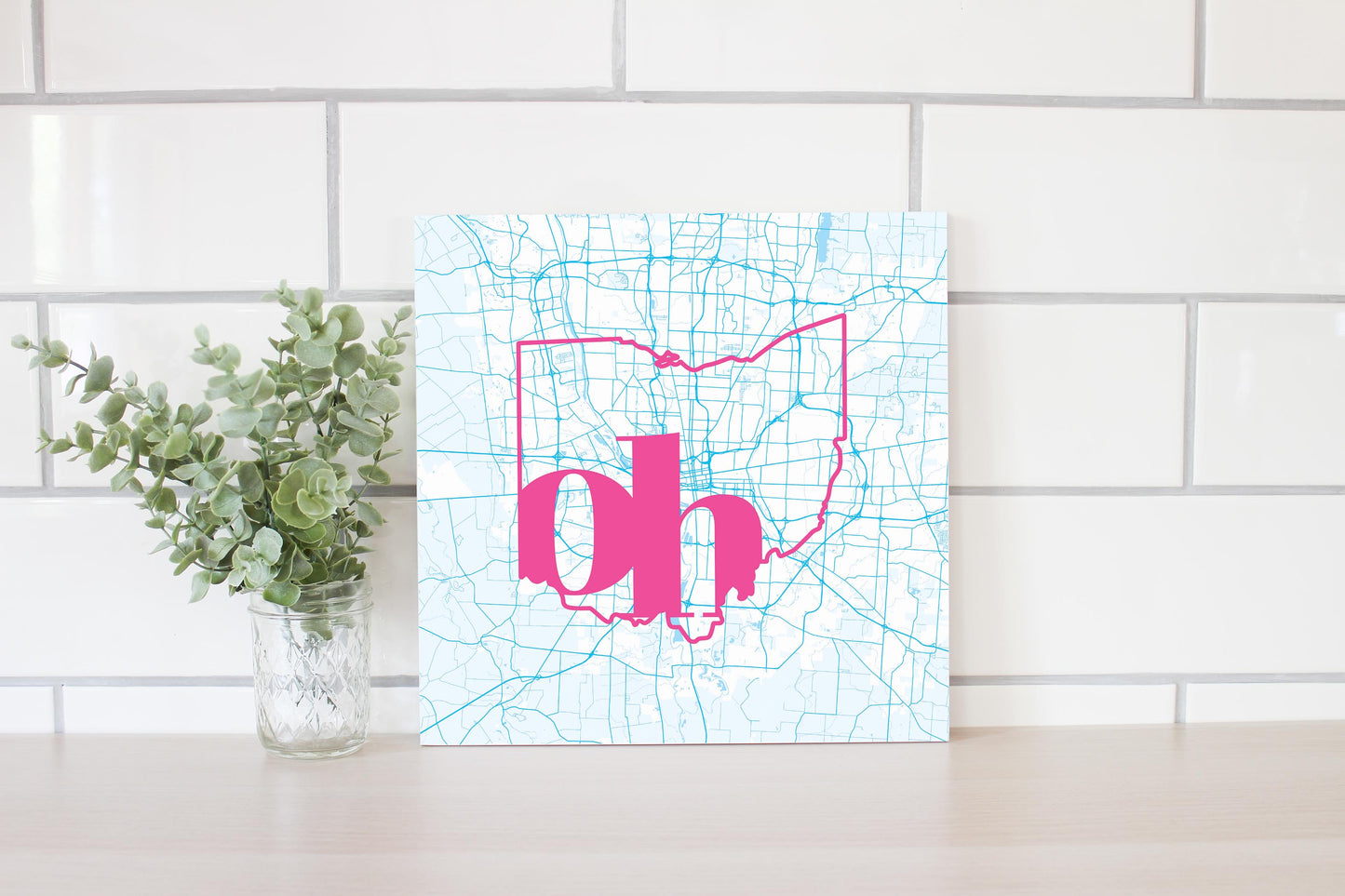 Bright Modern Abbreviated State Map Blue Ohio Columbus | Wood Sign | Eaches | Min 2