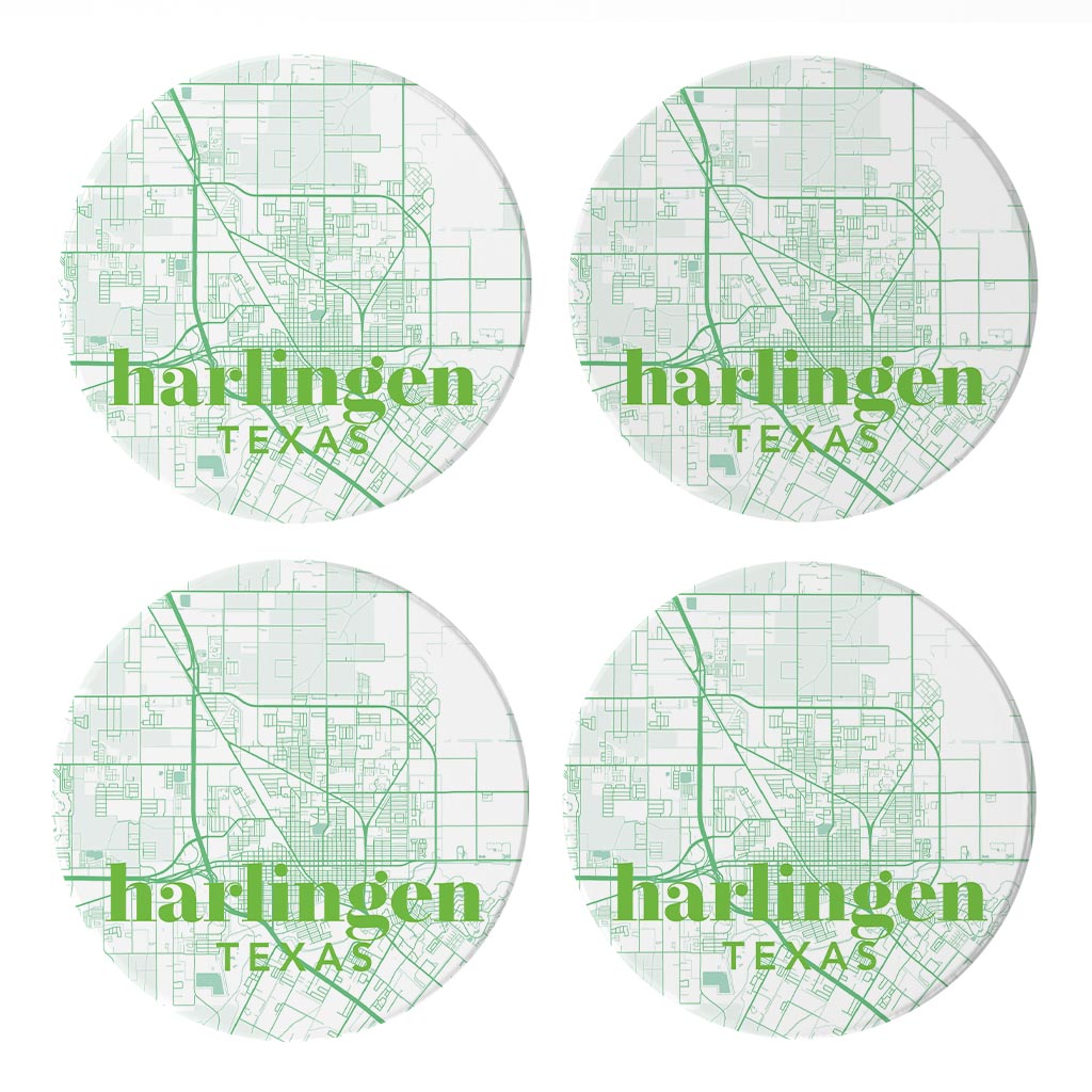 Bright Modern Green Map Texas Harlingen | Absorbent Coasters | Set of 4 | Min 2