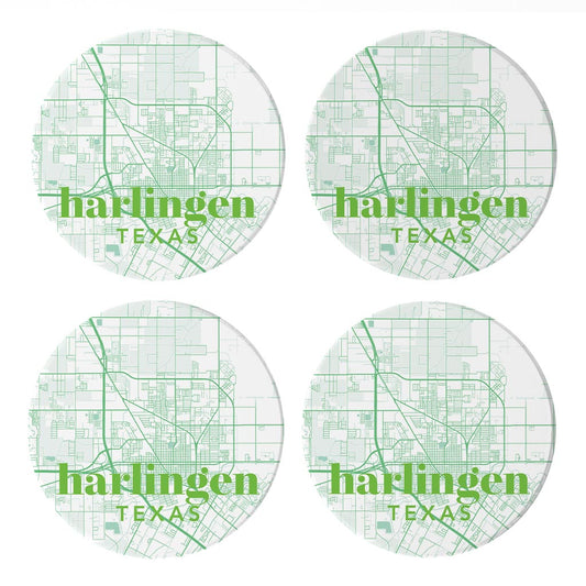 Bright Modern Green Map Texas Harlingen | Absorbent Coasters | Set of 4 | Min 2