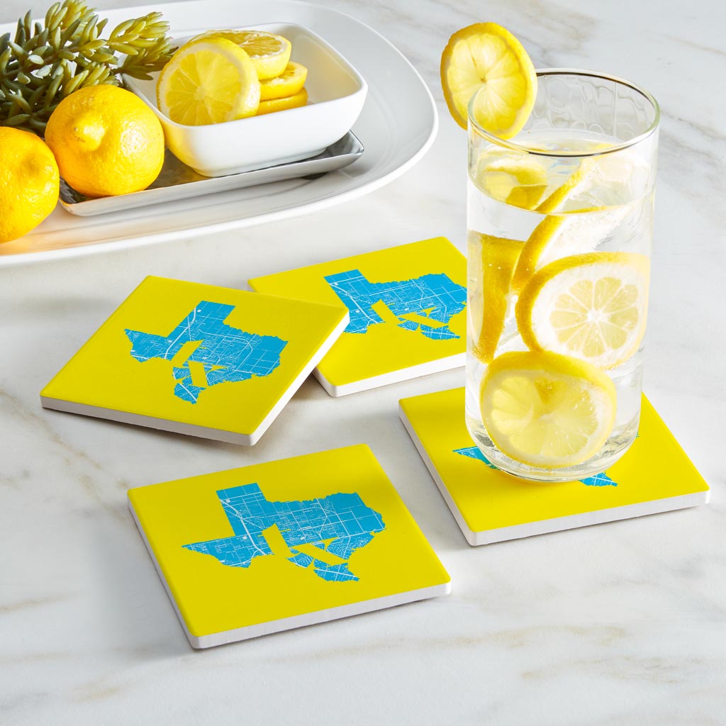 Bright Modern Abbreviated State Yellow Texas Harlingen | Absorbent Coasters | Set of 4 | Min 2