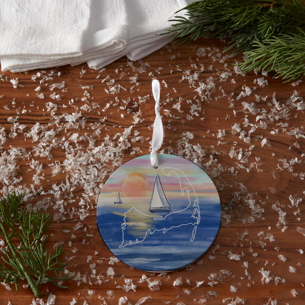 Watercolor Sunset With Sailboats | Wood Ornament | Eaches | Min 6