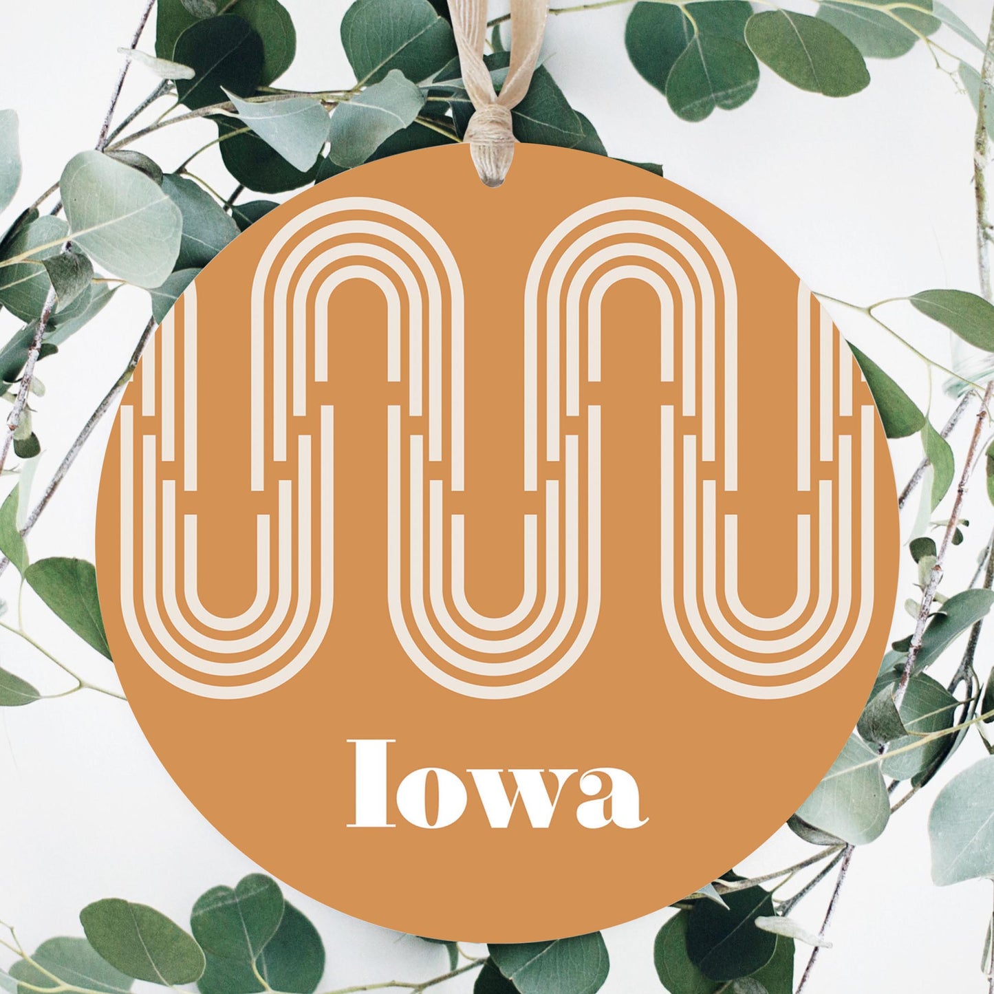 Vintage Groove Yellow Wave Lines Iowa | Wood Ornament | Eaches | Min 1