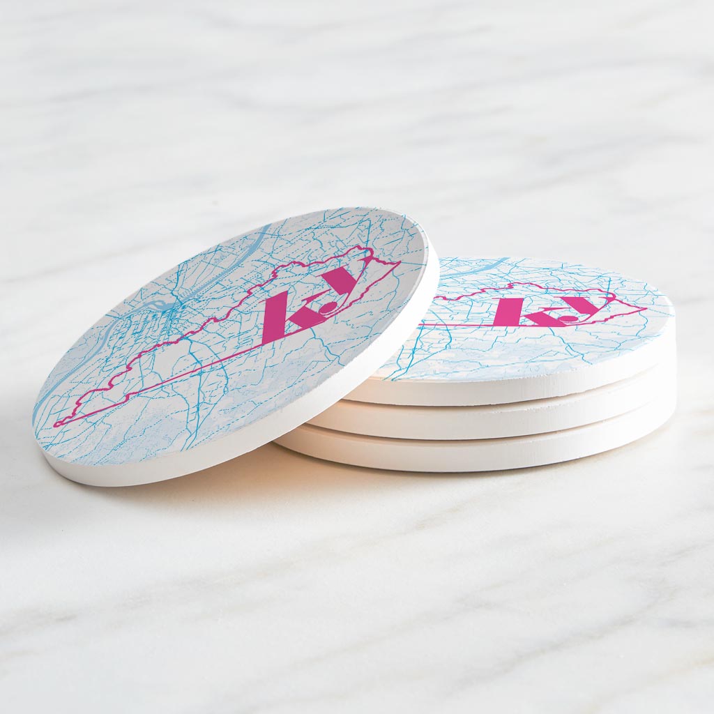 Bright Modern Abbreviated State Map Blue Kentucky Louisville| Absorbent Coasters | Set of 4 | Min 2