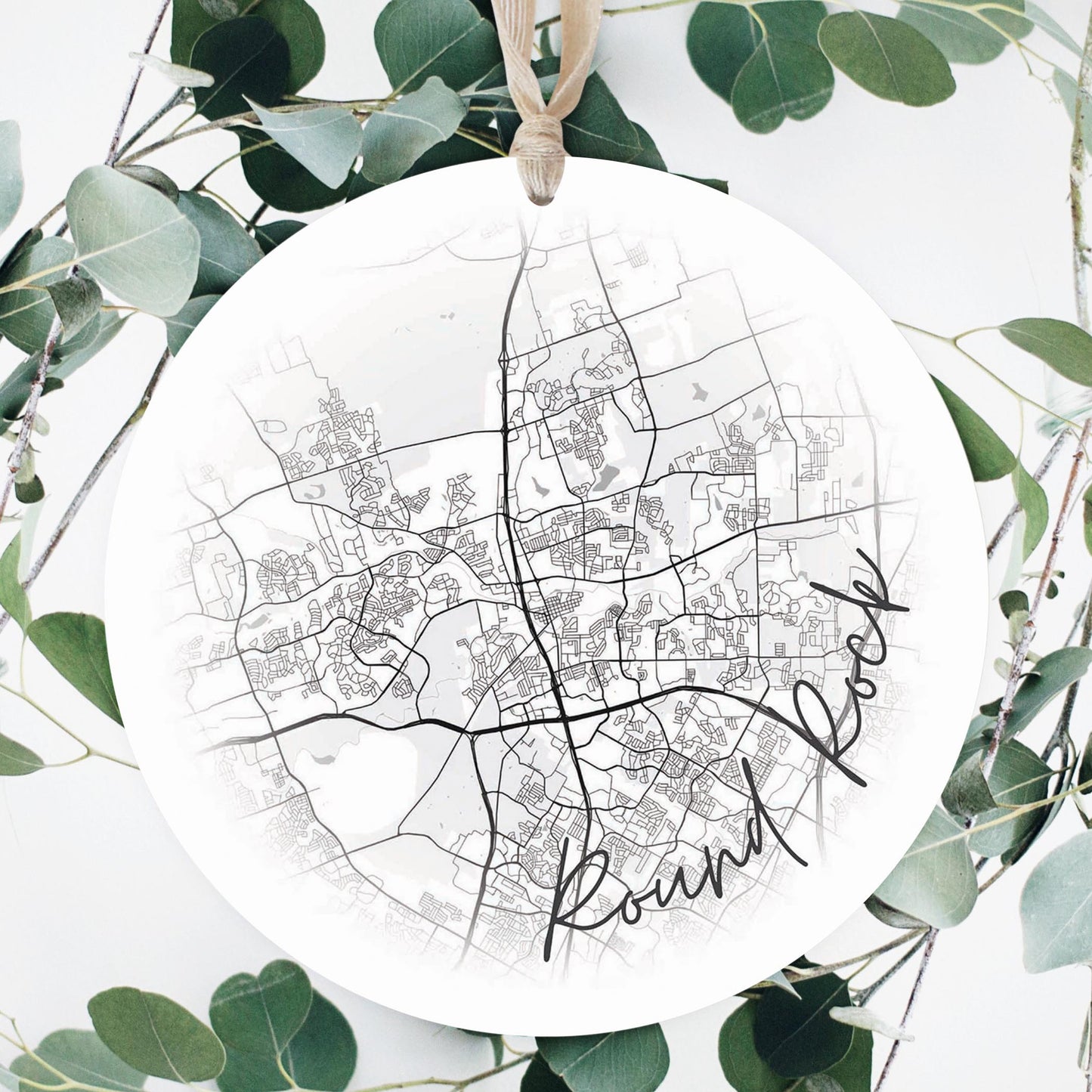 Minimalistic B&W Texas Round Rock Circle Map | Wood Ornament | Eaches | Min 1