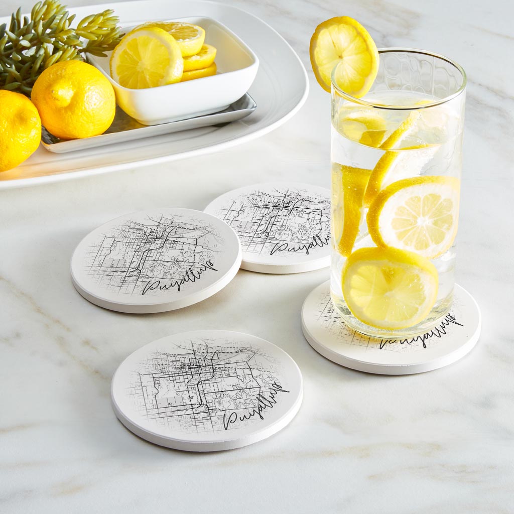 Minimalistic B&W Washington Puyallup Circle Map | Absorbent Coasters | Set of 4 | Min 2