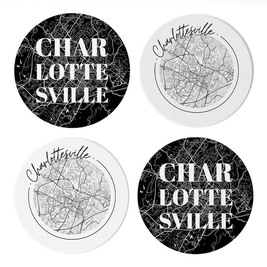 Minimalistic B&W Virginia Charlottesville Maps | Absorbent Coasters | Set of 4 | Min 2