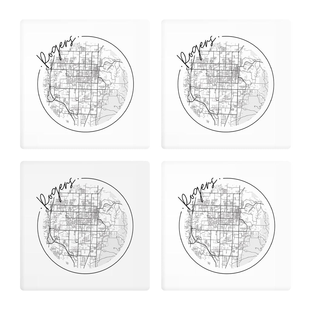 Minimalist B&W Arkansas Rogers Circle Map | Absorbent Coasters | Set of 4 | Min 2