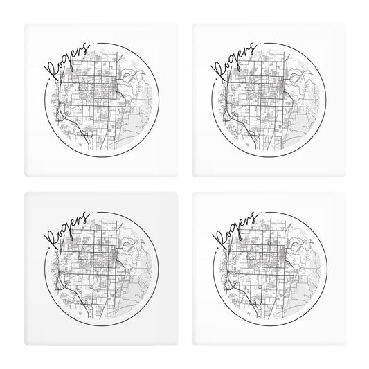 Minimalist B&W Arkansas Rogers Circle Map | Absorbent Coasters | Set of 4 | Min 2