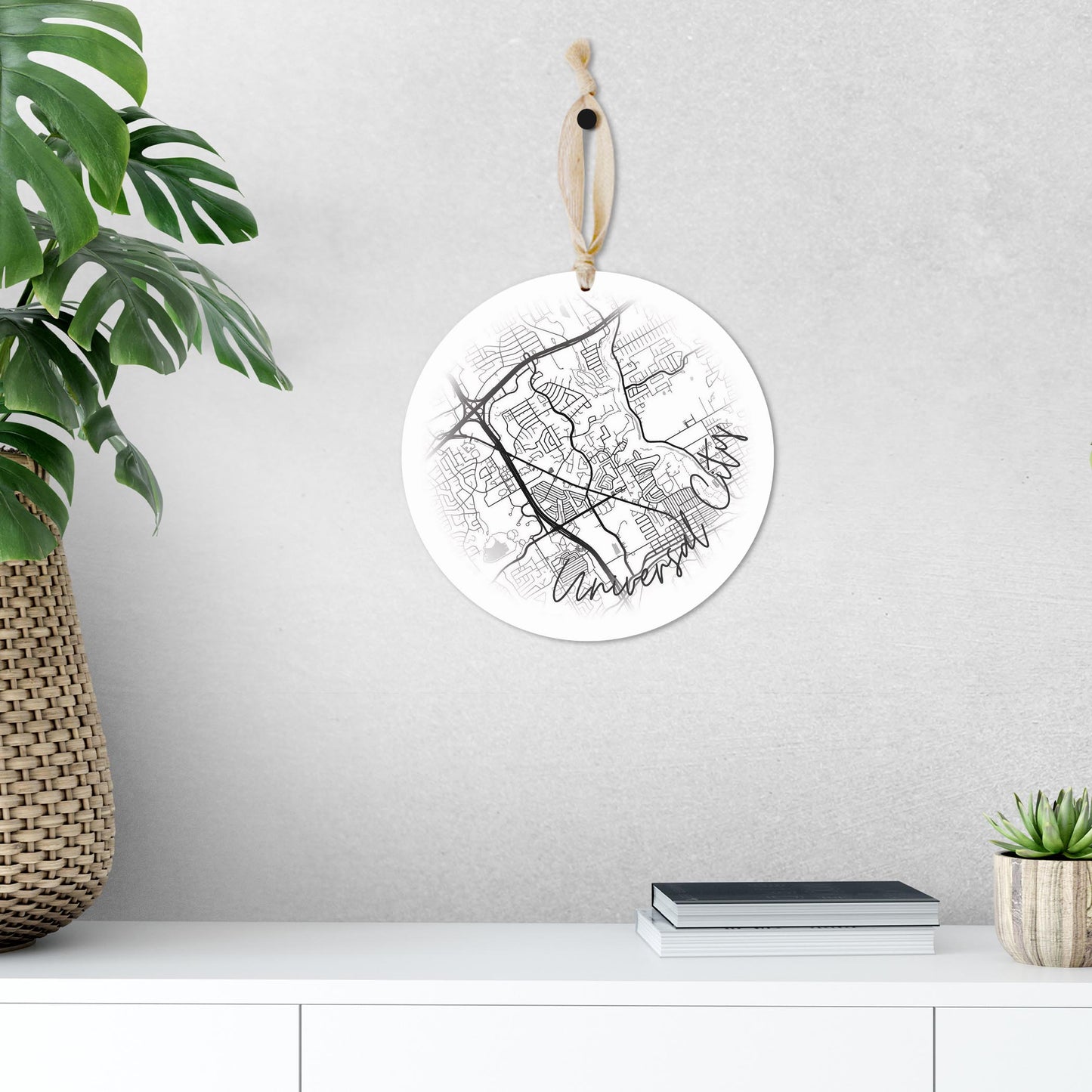 Minimalistic B&W Texas Universal City Circle Map | Wood Ornament | Eaches | Min 1