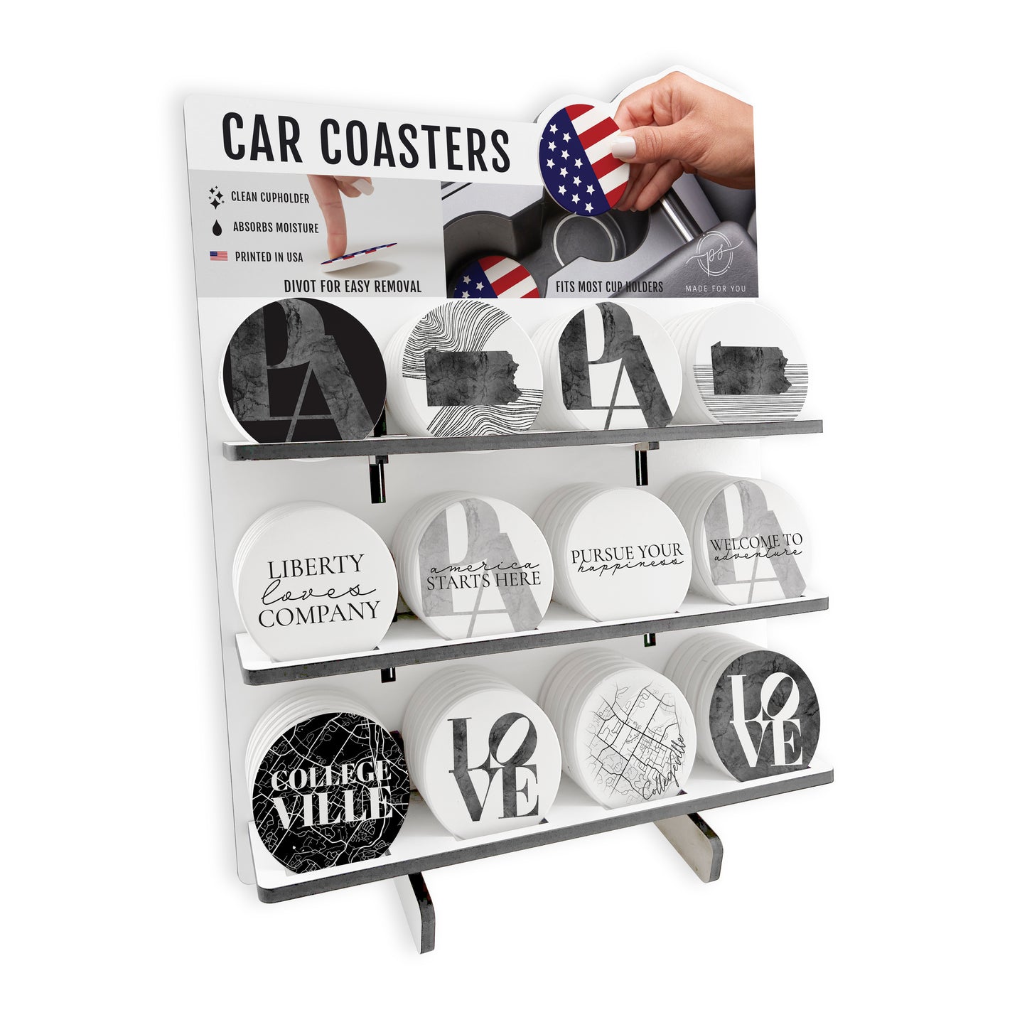 Minimalistic B&W Pennsylvania Collegeville Car Ceramic Coaster Loaded Display POP Min of 1