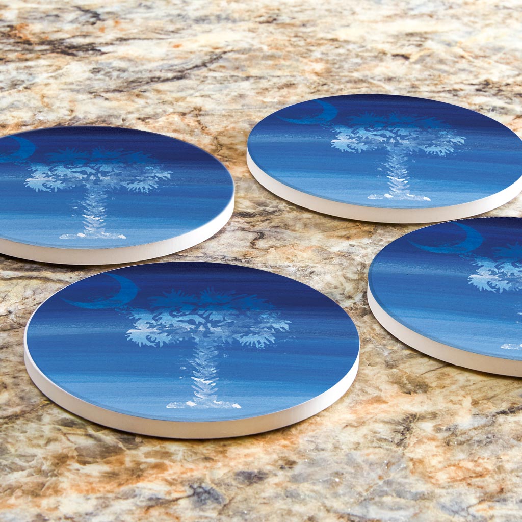 South Carolina Blue Water Color Palm Trees | Absorbent Coasters | Set of 4 | Min 2