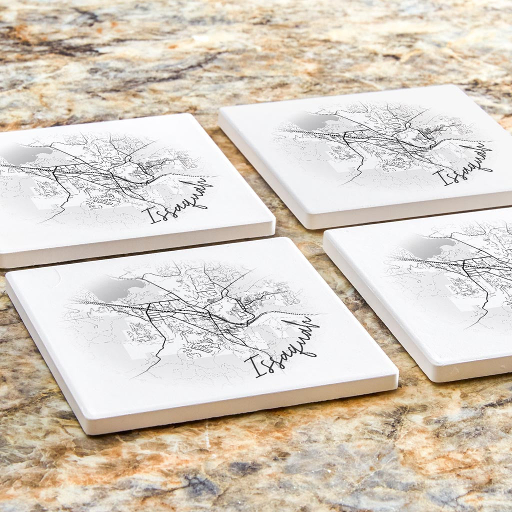 Minimalistic B&W Washington Issaquah Circle Map| Absorbent Coasters | Set of 4 | Min 2