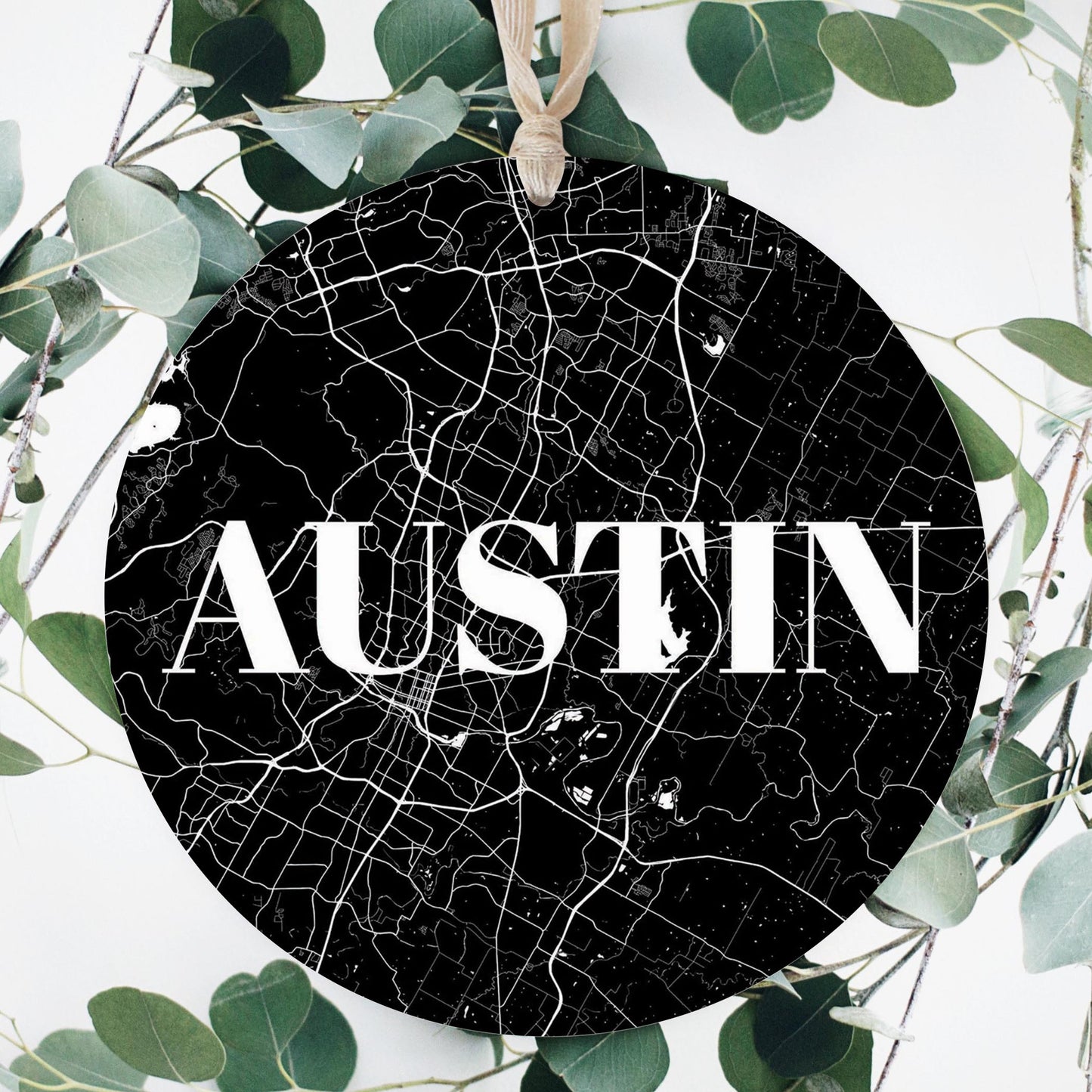 Minimalistic B&W Texas Austin Map | Wood Ornament | Eaches | Min 1