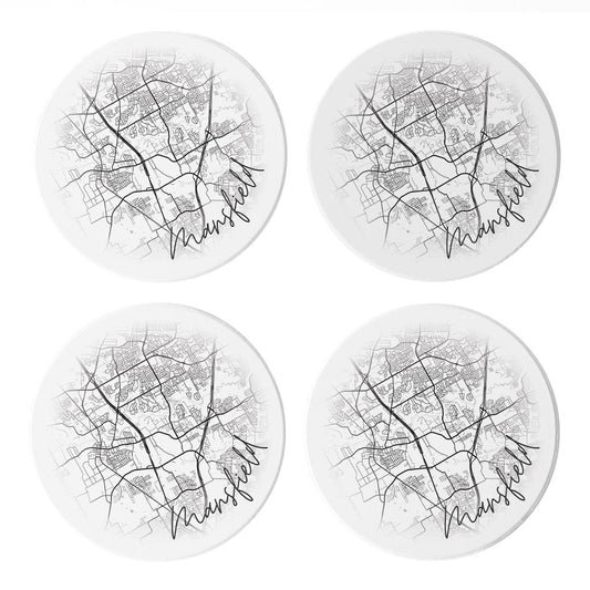 Minimalistic B&W Texas Mansfield Circle Map| Absorbent Coasters | Set of 4 | Min 2