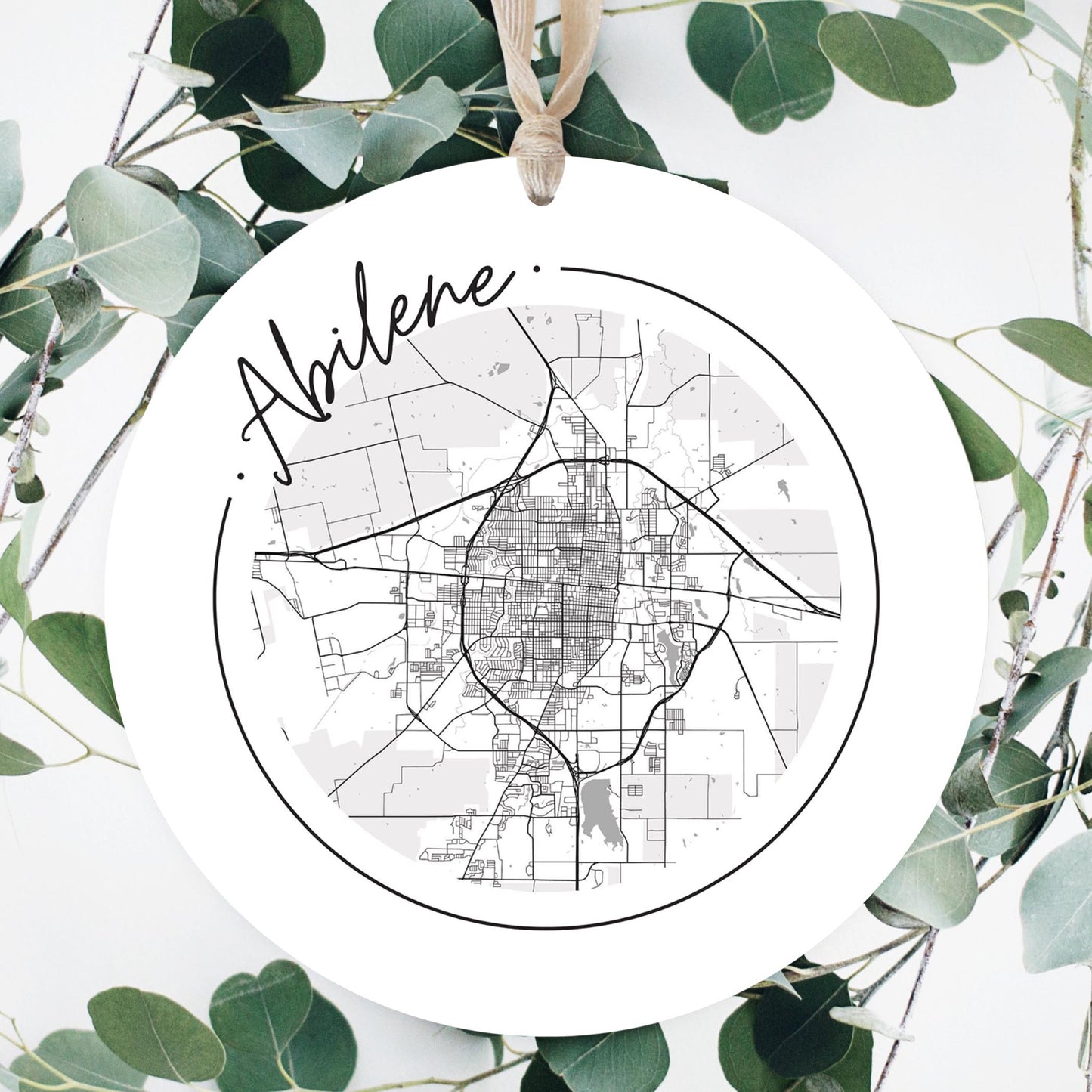 Minimalist B&W Texas Abilene Circle Map | Wood Ornament | Eaches | Min 1