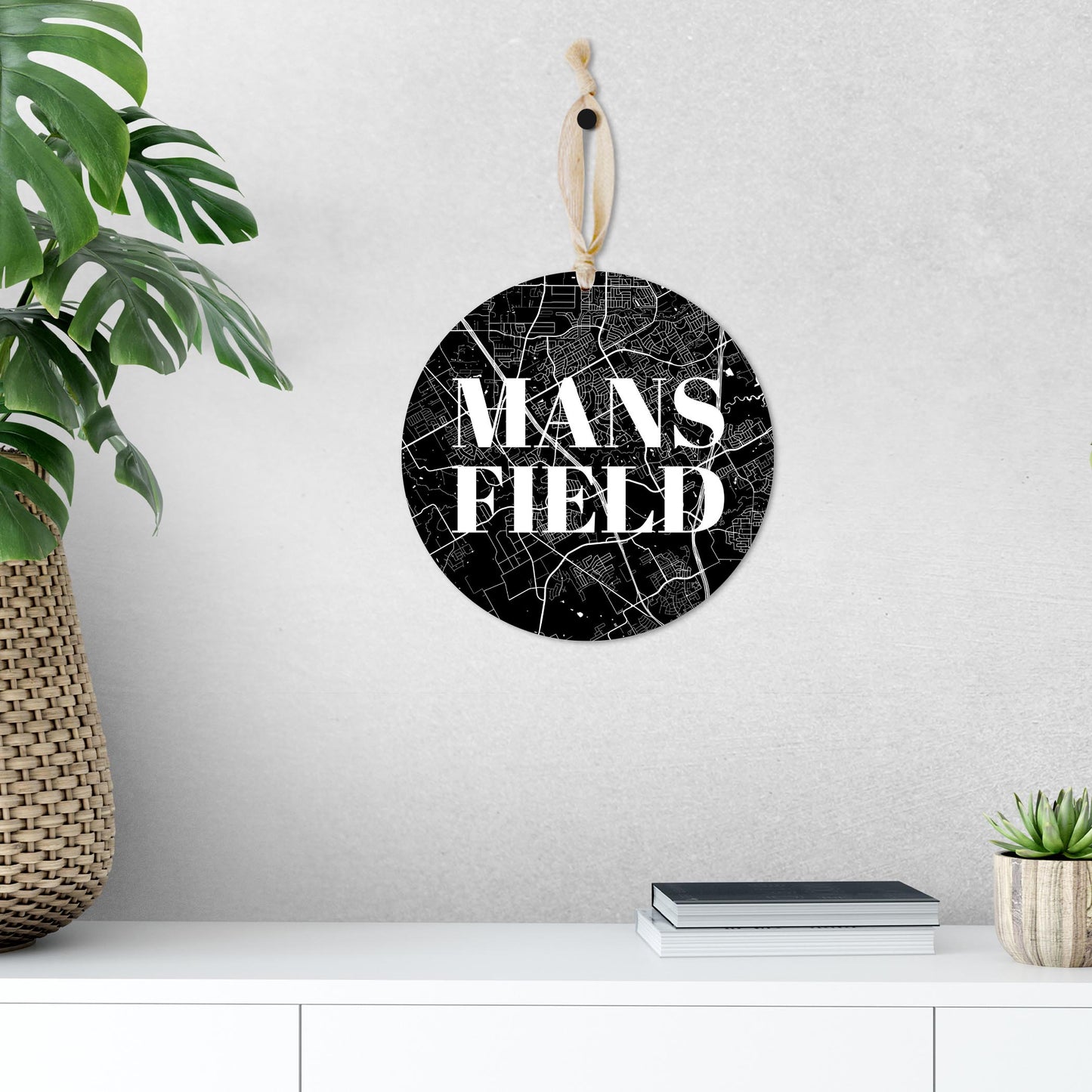 Minimalistic B&W Texas Mansfield Map | Wood Ornament | Eaches | Min 1