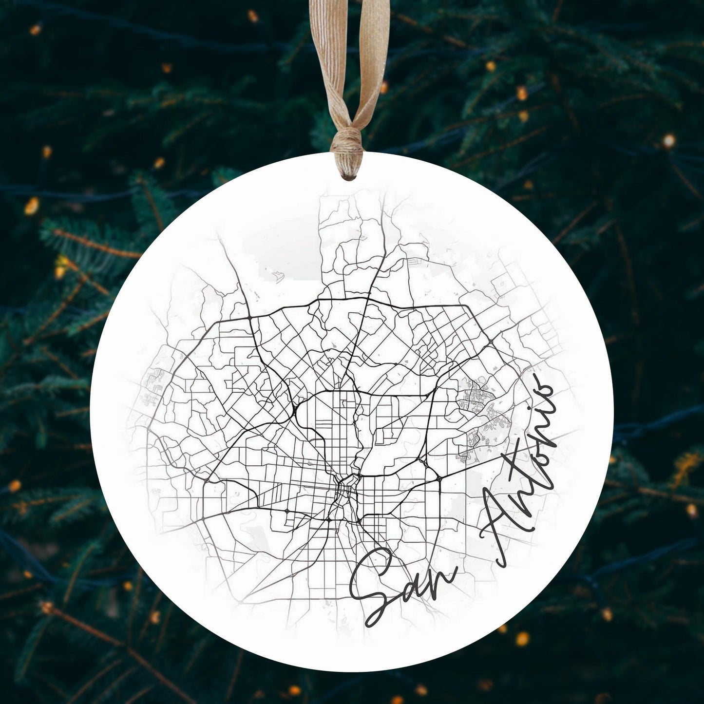 Minimalistic B&W Texas San Antonio Circle Map | Wood Ornament | Eaches | Min 1