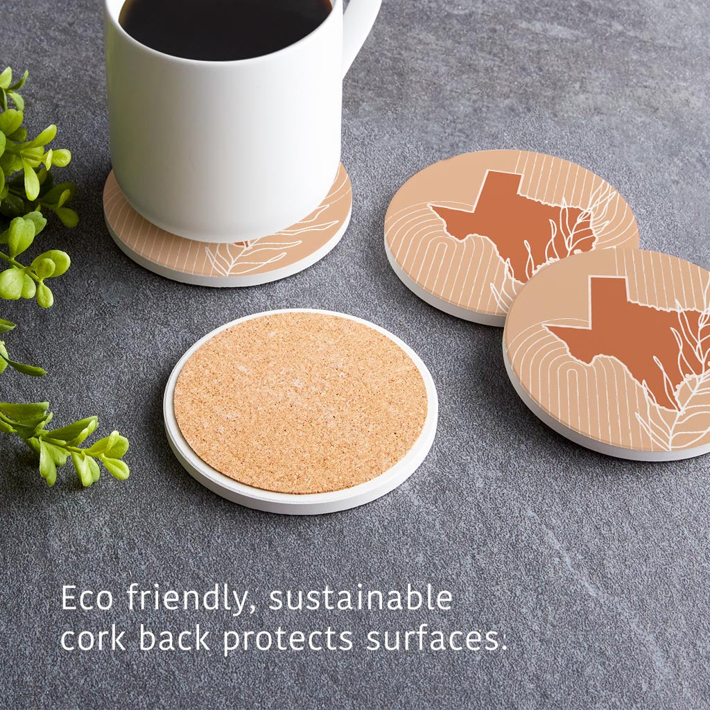 Modern Minimalist Texas State Shape With Leaf | Absorbent Coasters | Set of 4 | Min 2