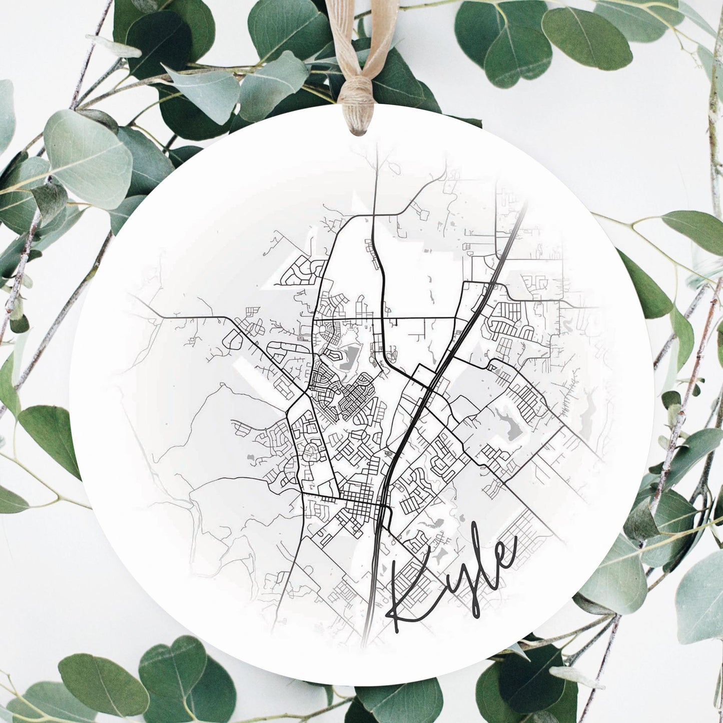 Minimalistic B&W Texas Kyle Circle Map | Wood Ornament | Eaches | Min 1