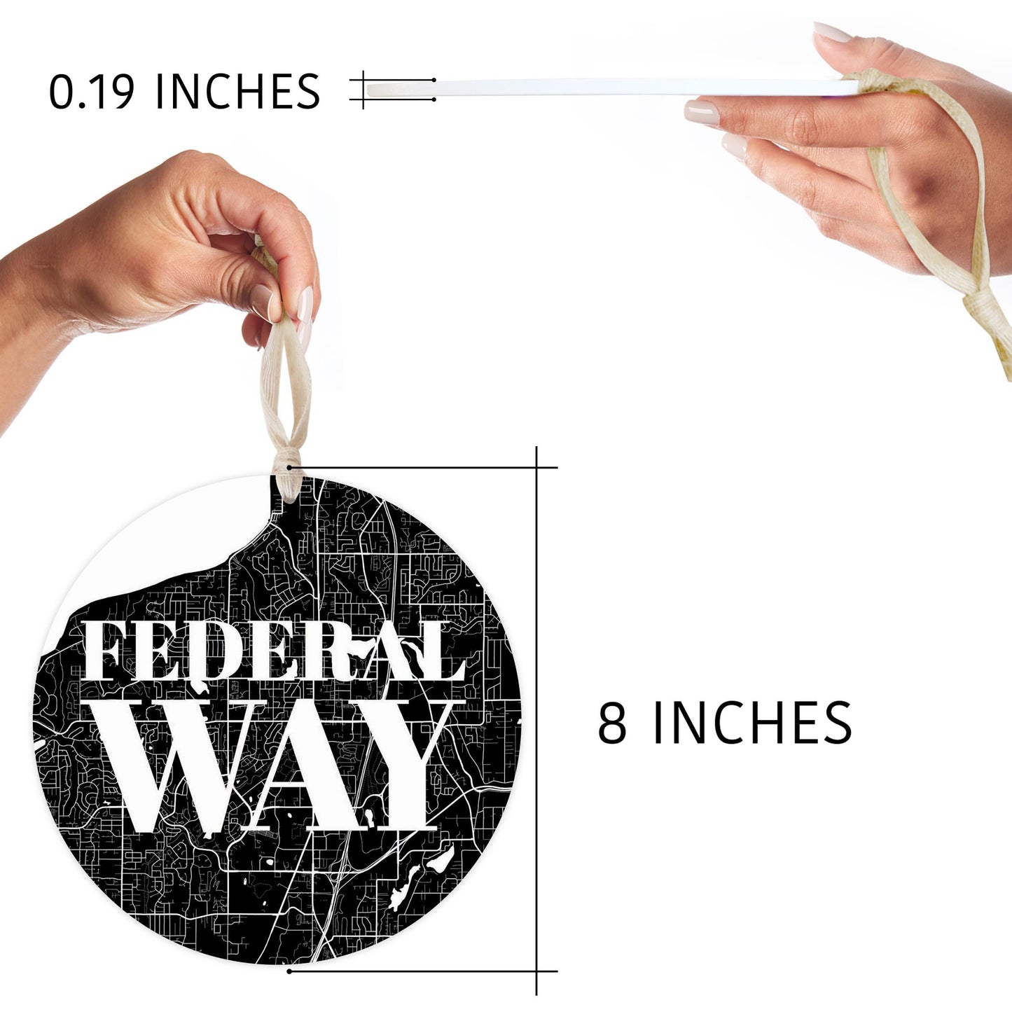 Minimalistic B&W Washington Federal Way Map | Wood Ornament | Eaches | Min 1