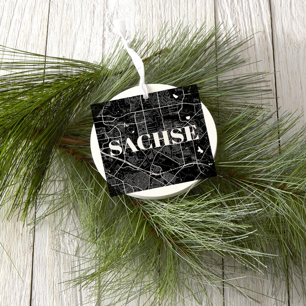 Minimalistic B&W Texas Sachse Map | Wood Ornament | Eaches | Min 6