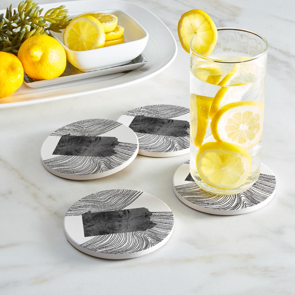 Minimalistic B&W Pennsylvania Shape Fluid Lines | Absorbent Coasters | Set of 4 | Min 2