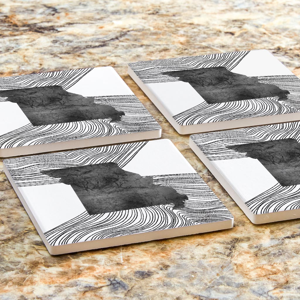 Minimalist B&W Missouri State With Fluid Lines | Absorbent Coasters | Set of 4 | Min 2