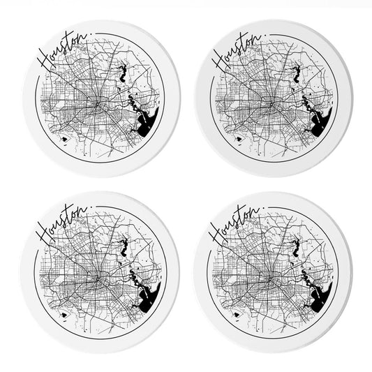 Modern Houston White Round Map | Absorbent Coasters | Set of 4 | Min 2