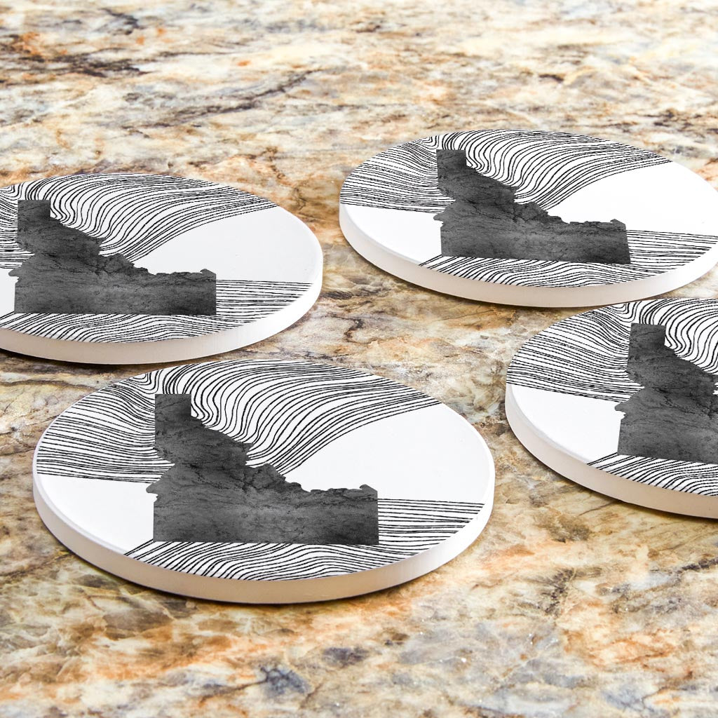 Minimalist B&W Idaho State With Fluid Lines | Absorbent Coasters | Set of 4 | Min 2