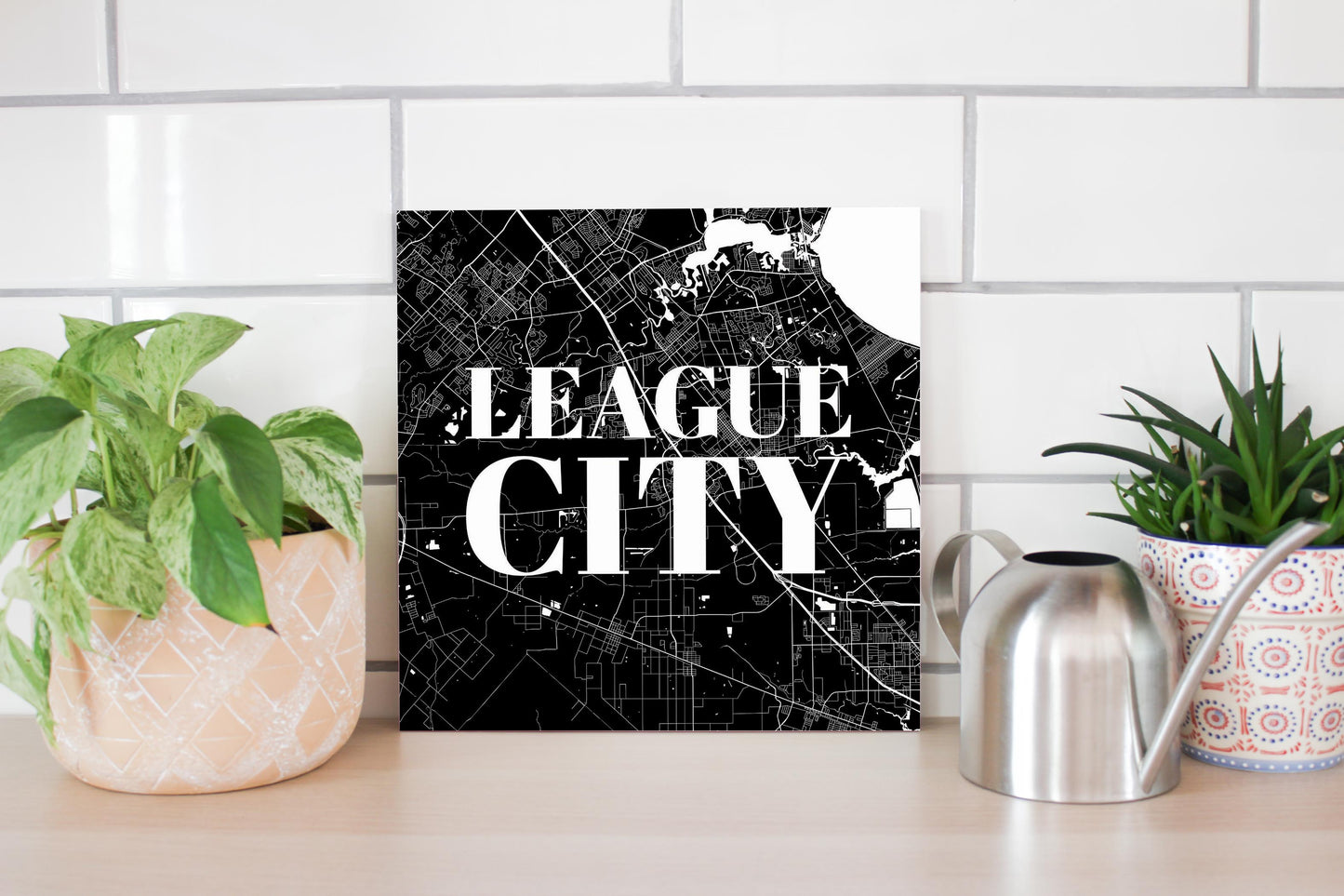 Minimalistic B&W Texas League City Map | Wood Sign | Eaches | Min 2