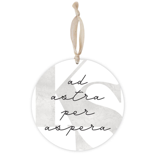 Minimalist B&W Kansas Ad Astra Per Aspera | Wood Ornament | Eaches | Min 1