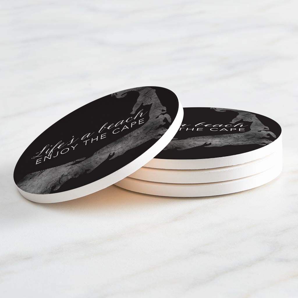 Minimalistic B&W Cape Cod Lifes A Beach | Absorbent Coasters | Set of 4 | Min 2