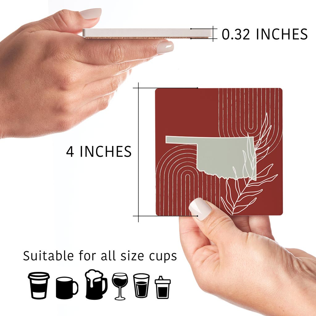 Modern Minimalist Oklahoma State Shape With Leaf | Absorbent Coasters | Set of 4 | Min 2