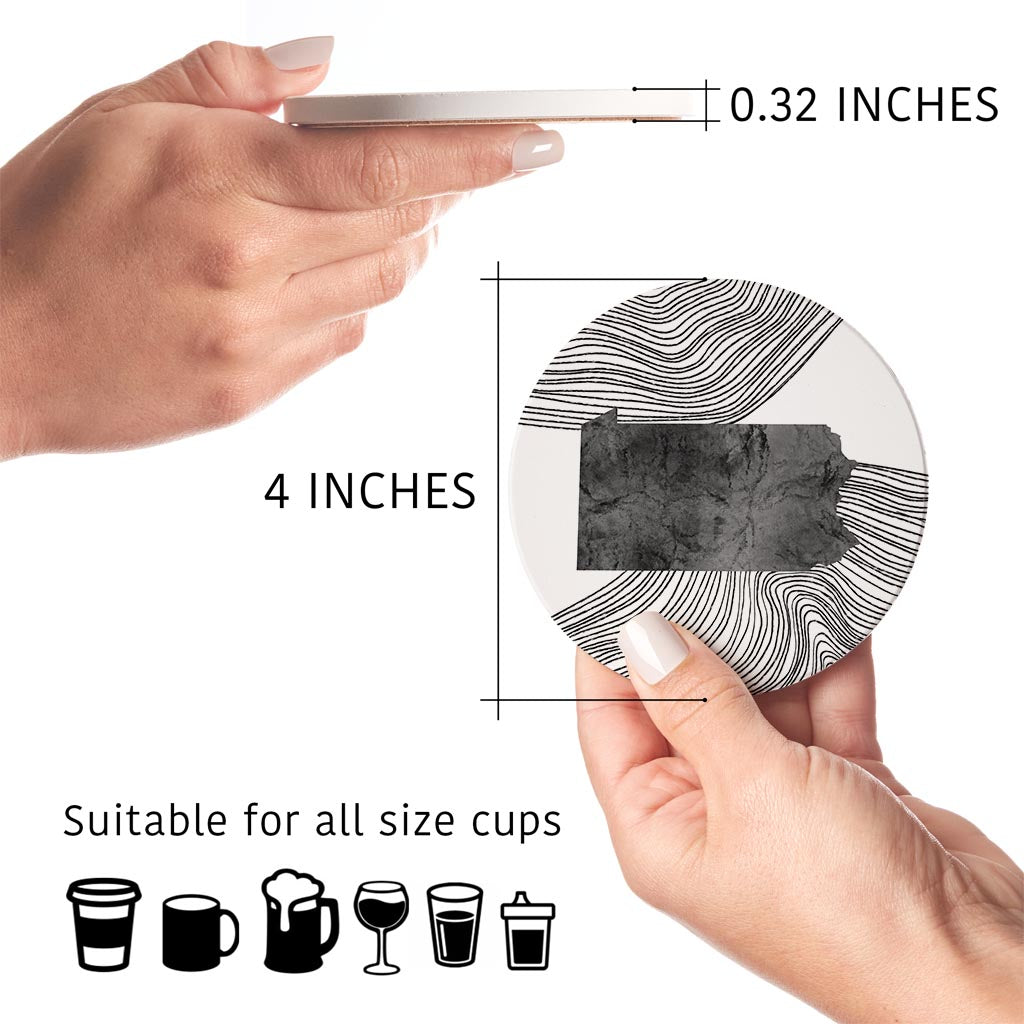 Minimalistic B&W Pennsylvania Shape Fluid Lines | Absorbent Coasters | Set of 4 | Min 2