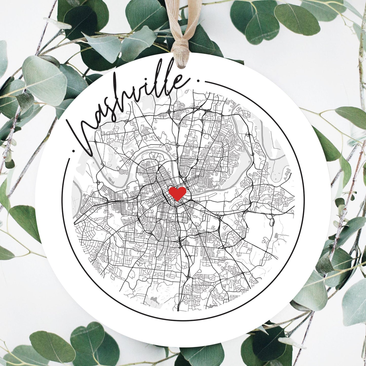 Minimalist B&W Tennessee Nashville Circle Map Heart | Wood Ornament | Eaches | Min 1