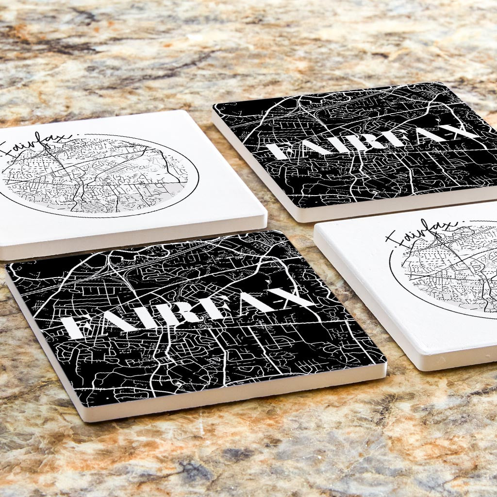 Minimalistic B&W Virginia Fairfax Maps | Absorbent Coasters | Set of 4 | Min 2