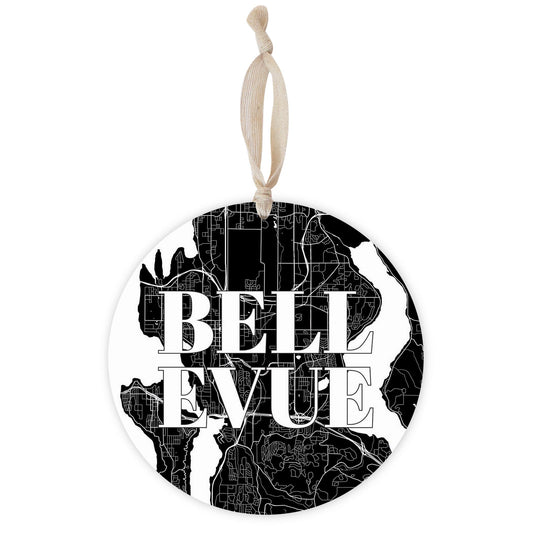 Minimalistic B&W Washington Bellevue Map | Wood Ornament | Eaches | Min 1