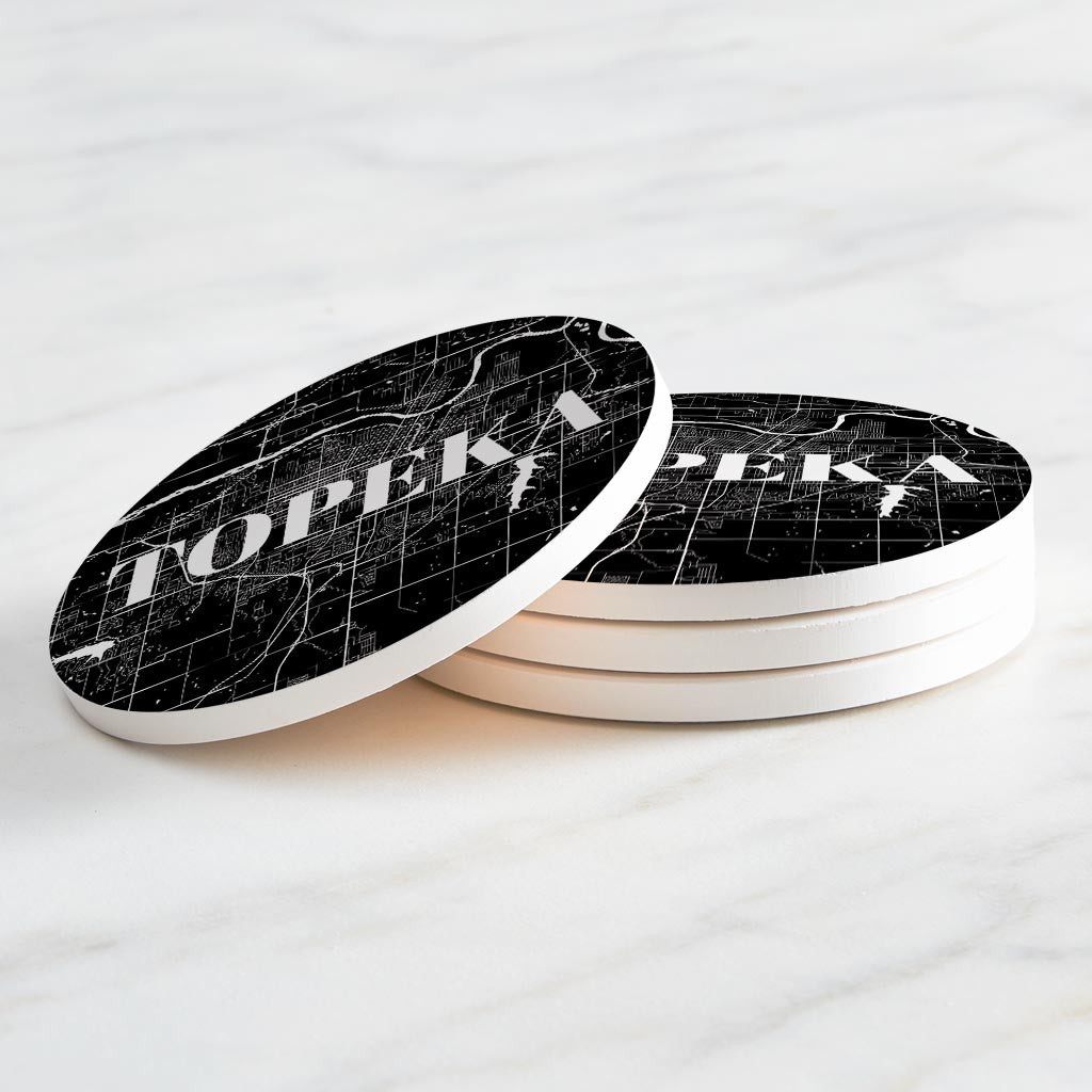 Minimalist B&W Kansas Topeka Map | Absorbent Coasters | Set of 4 | Min 2