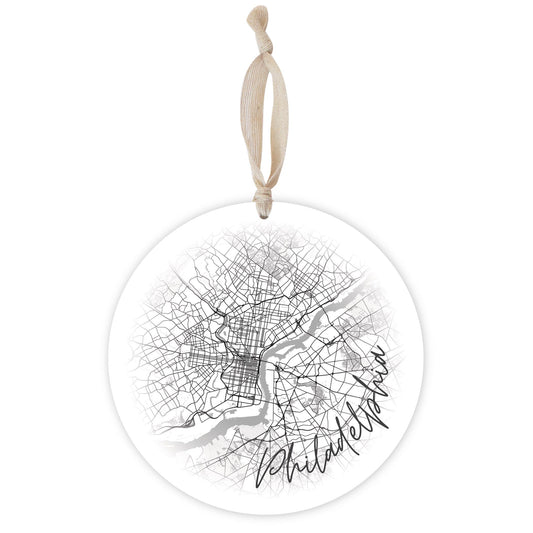 Minimalistic B&W Pennsylvania Philadelphia Circle Map | Wood Ornament | Eaches | Min 1