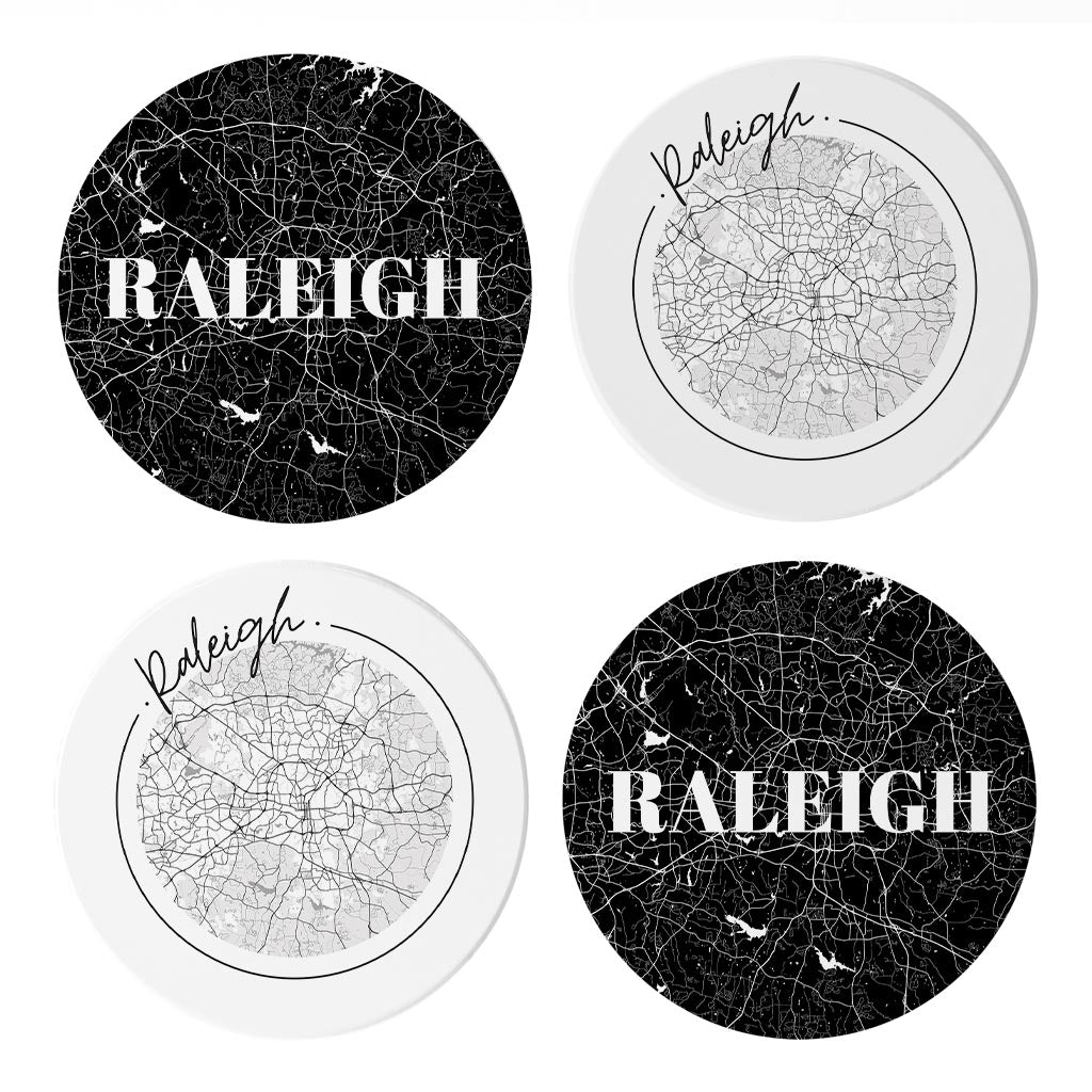 Minimalistic B&W North Carolina Raleigh Maps | Absorbent Coasters | Set of 4 | Min 2