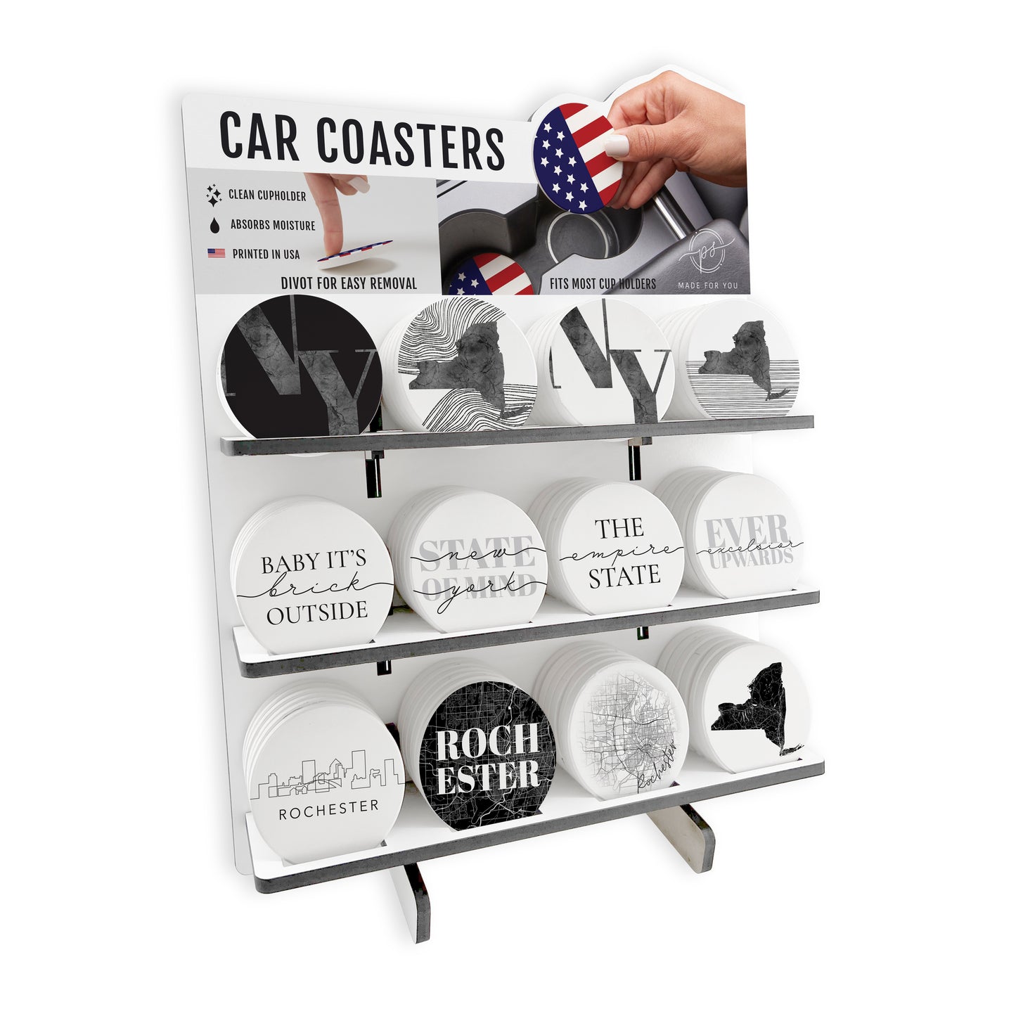 Minimalistic B&W New York Rochester Car Ceramic Coaster Loaded Display POP Min of 1