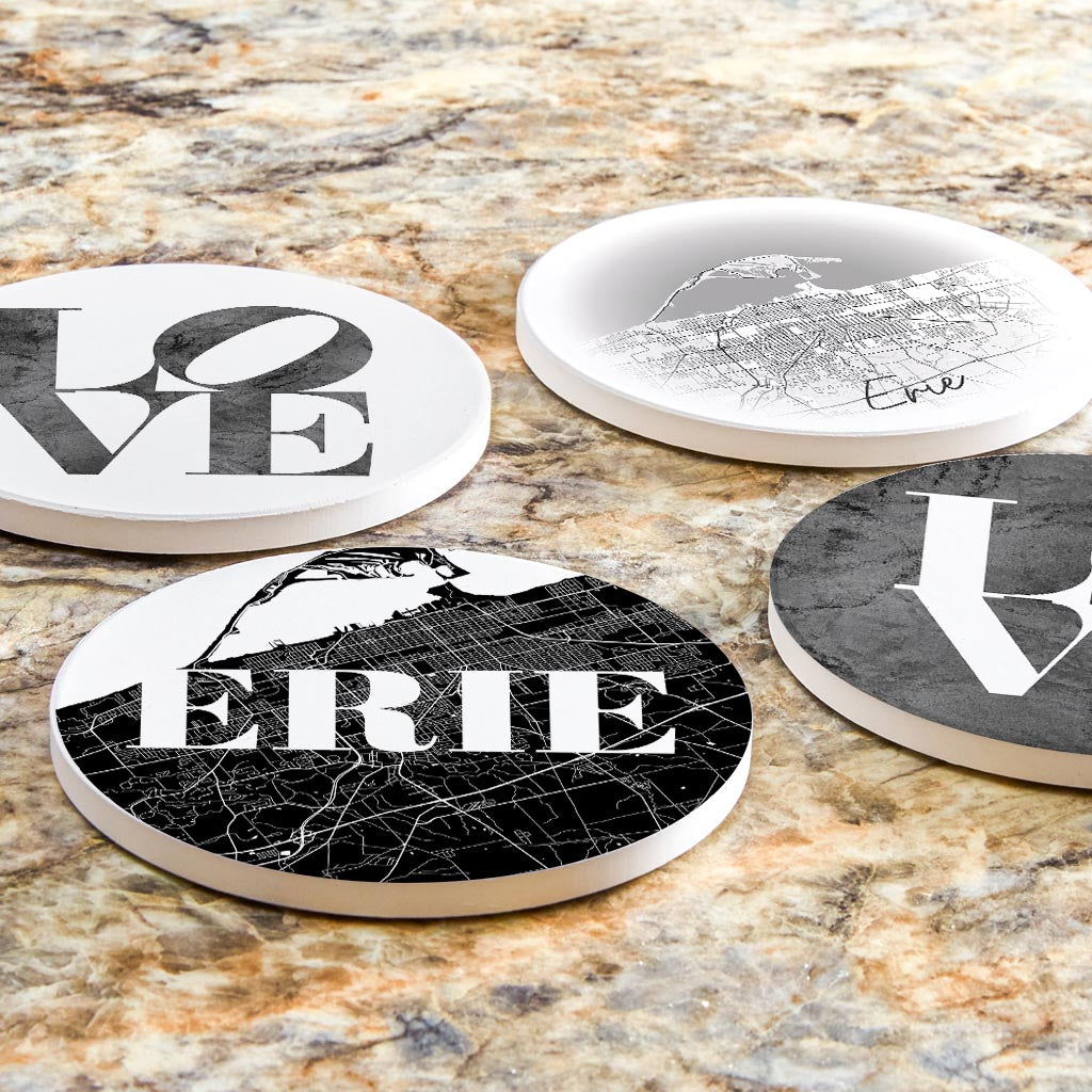 Minimalistic B&W Pennsylvania Erie Maps Love | Absorbent Coasters | Set of 4 | Min 2