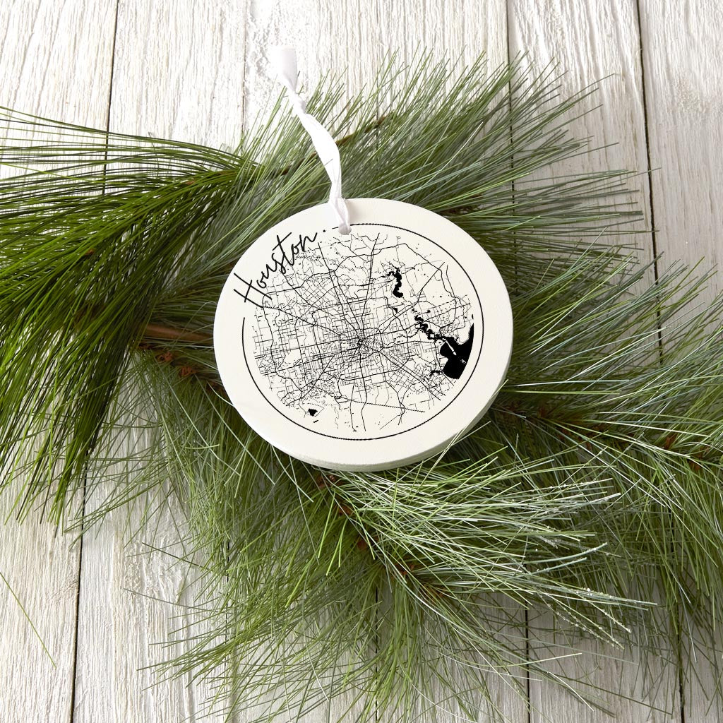 Modern Houston White Round Map | Wood Ornament | Eaches | Min 6