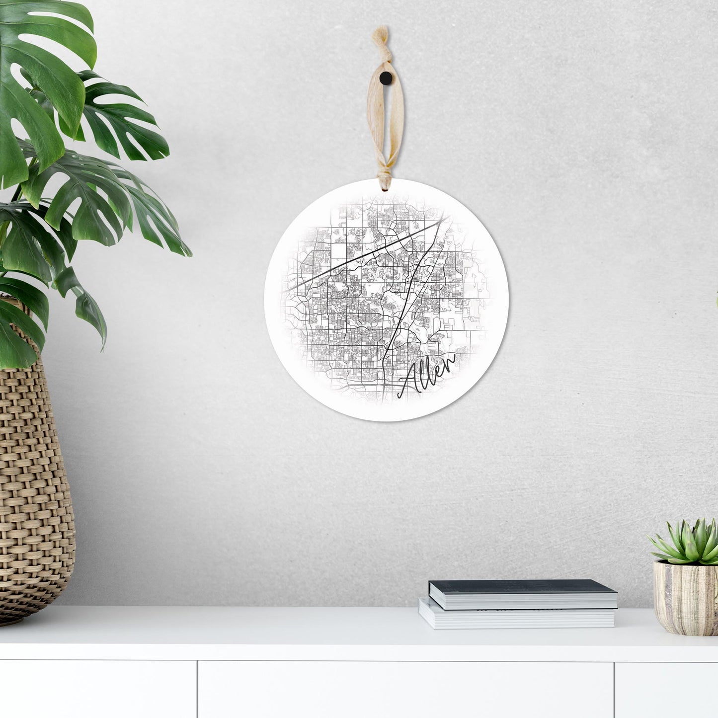 Minimalistic B&W Texas Allen Circle Map | Wood Ornament | Eaches | Min 1