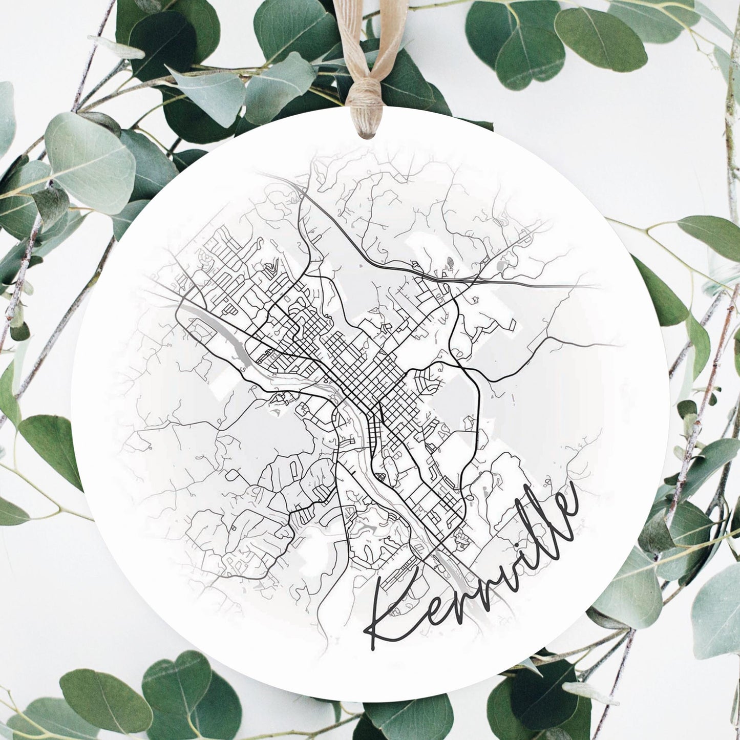 Minimalistic B&W Texas Kerrville Circle Map | Wood Ornament | Eaches | Min 1